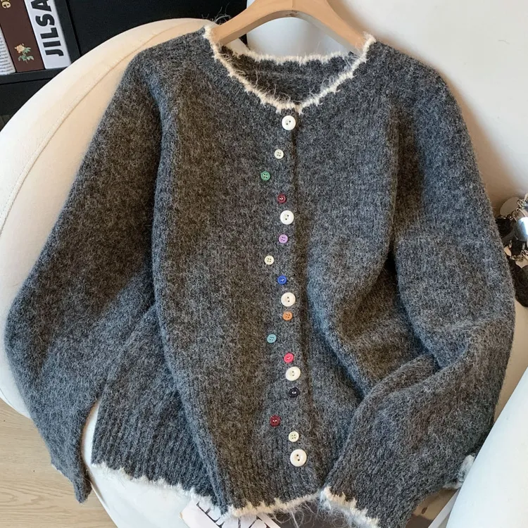 秋冬洋气超好看彩扣花边软糯针织开衫2025毛衣女圆领针织毛衣女装