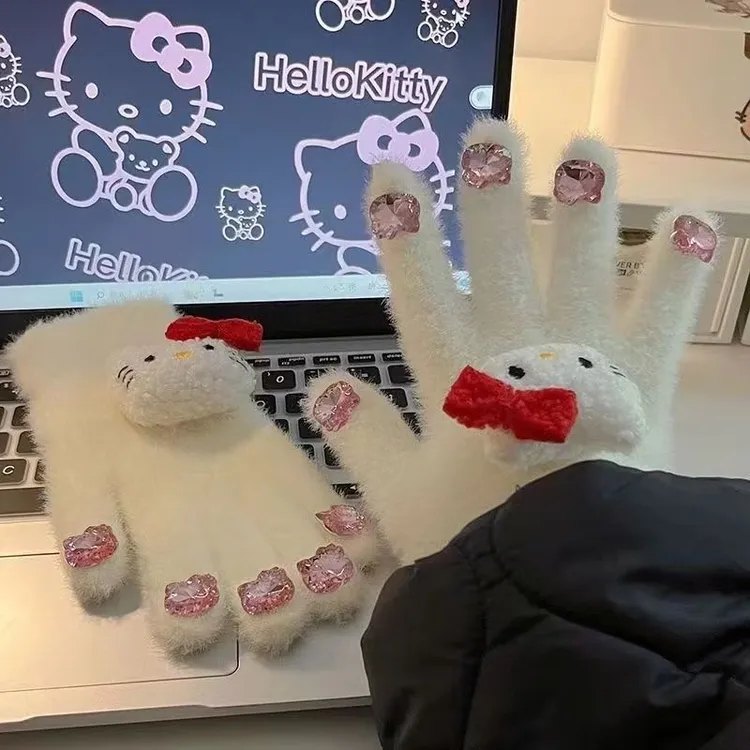 kitty猫闪钻秋冬手套女冬软糯糯毛绒手套加厚保暖学生可爱手套ZJY