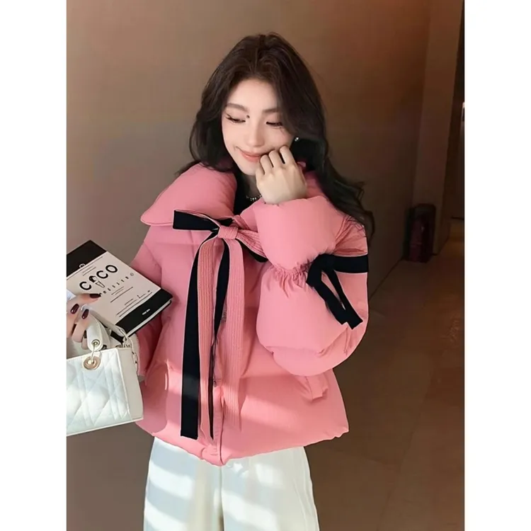 2025冬季超火时尚减龄高级小众不撞款短款加厚粉色蝴蝶结棉服外套