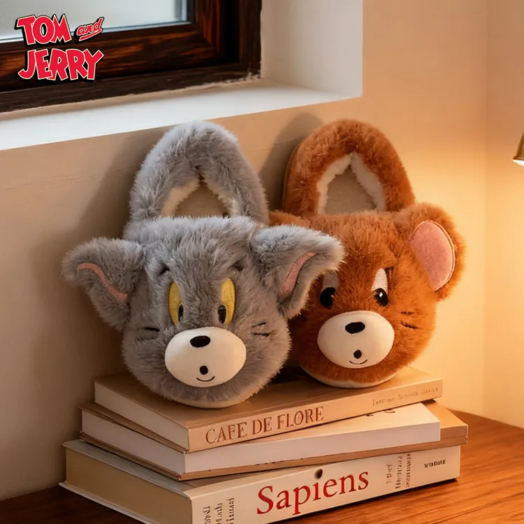 正版卡通猫和老鼠棉拖鞋冬季可爱汤姆杰利鼠包跟防滑男女士毛毛鞋