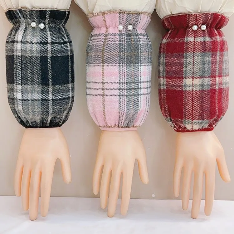 冬季短款格子珍珠袖套女上班防脏袖头小香风防污护袖学生耐脏套袖