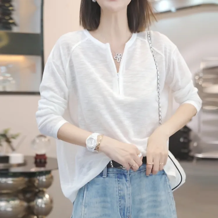 霖优慵懒风长袖T恤女2025夏新款休闲薄防晒针织衫上衣洋气衣服女