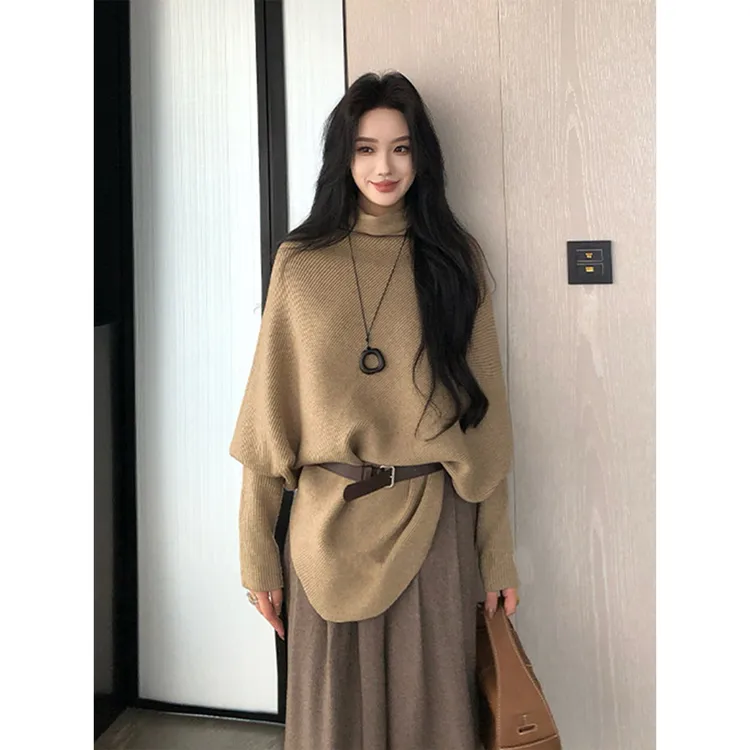 复古驼色半高领蝙蝠袖套头长袖针织衫女早秋新款斗蓬披肩毛衣