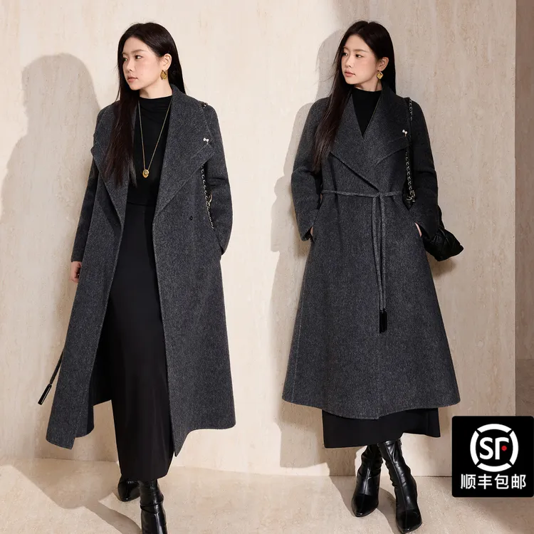 蓝语大码女装骆驼绒翻领长款双面呢大衣2025冬装澳毛宽松系带外套