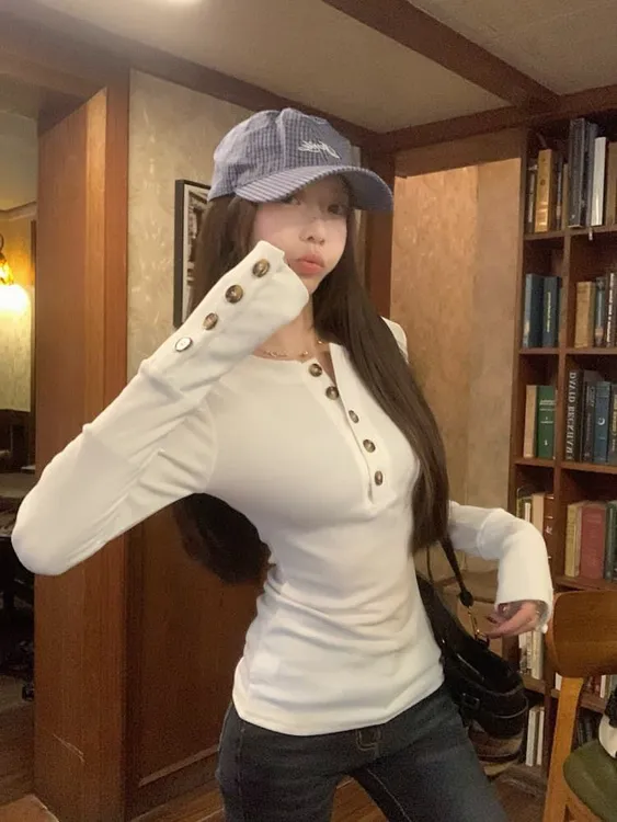 半开领长袖T恤女2025秋冬新款设计感修身德绒韩系内搭打底衫上衣