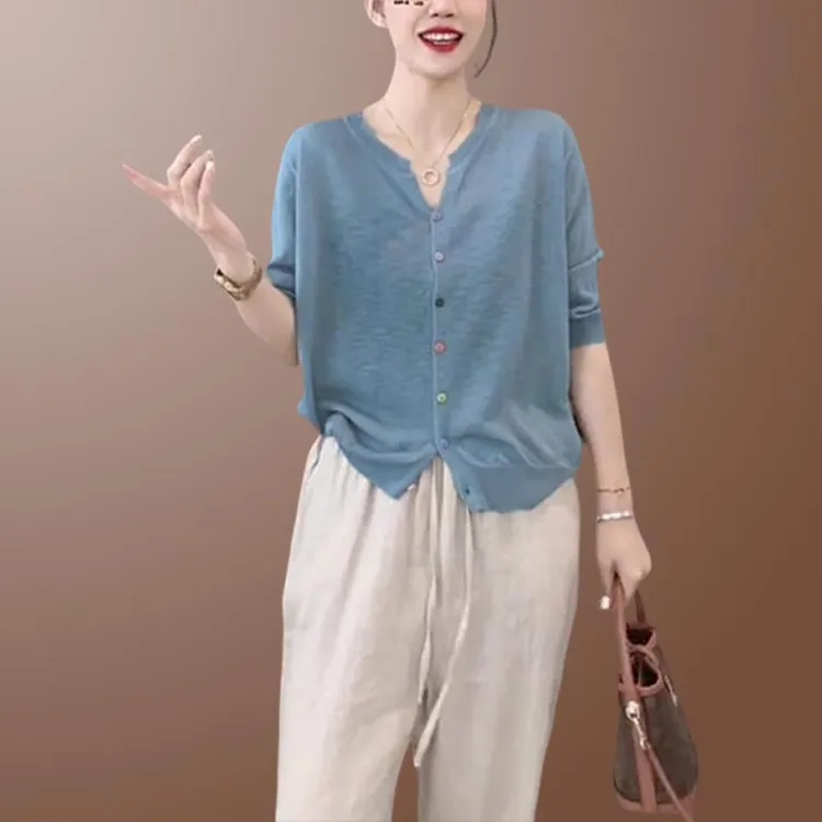 百搭开衫薄款纯色针织衫时尚上衣高级感潮2025年夏季新款女装短袖