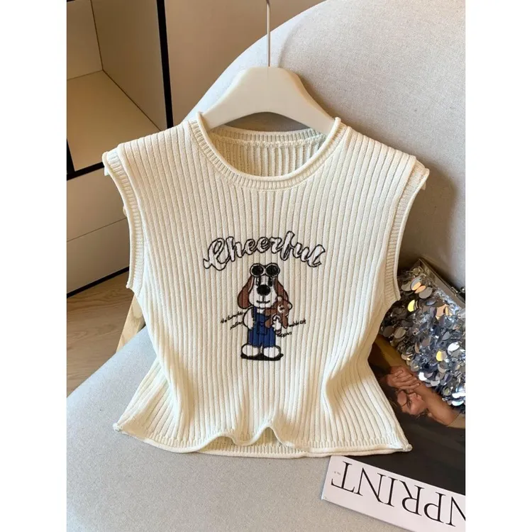 美式卡通小狗印花背心女夏款外搭冰丝针织吊带设计感无袖坑条上衣
