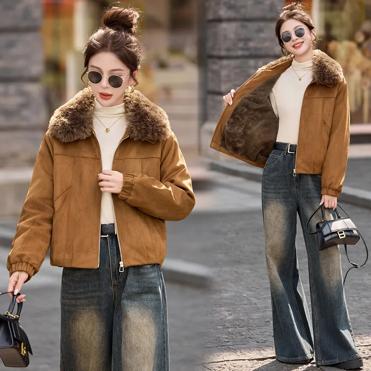 小个子休闲加绒皮毛一体短款外套女2025冬季新款加厚保暖棉衣外套