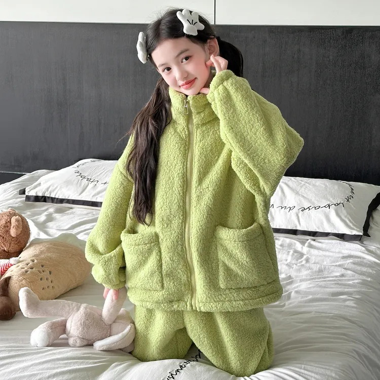 女童冬装绿色外穿立领珊瑚绒睡衣6-12岁儿童加厚保暖双面绒家居服