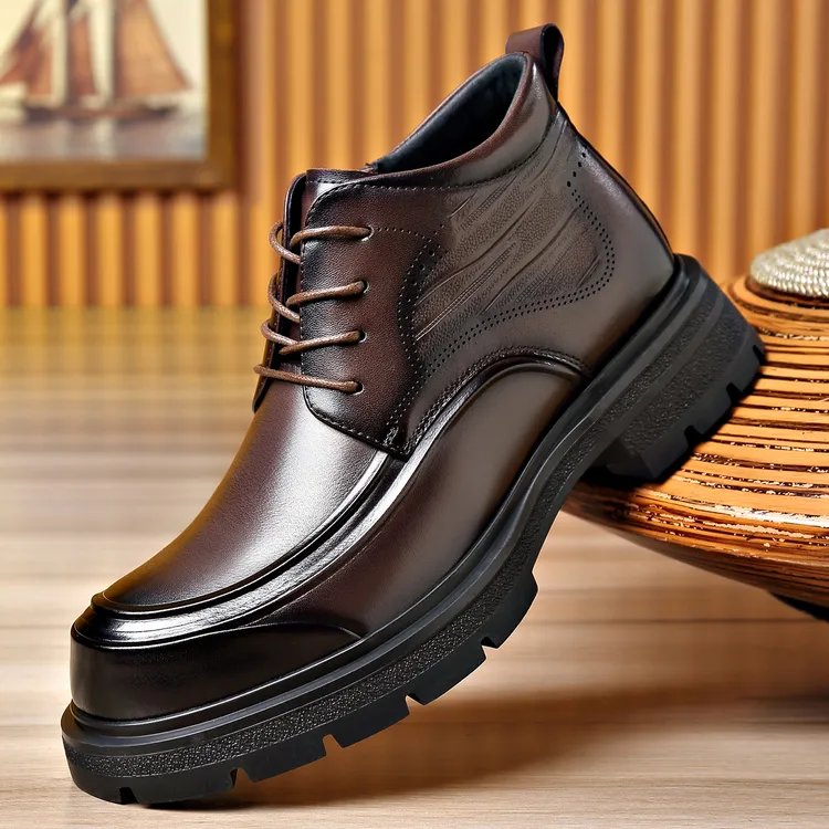 老人头冬季商务正装高帮皮鞋男士厚底短靴英伦风真皮加绒保暖棉靴