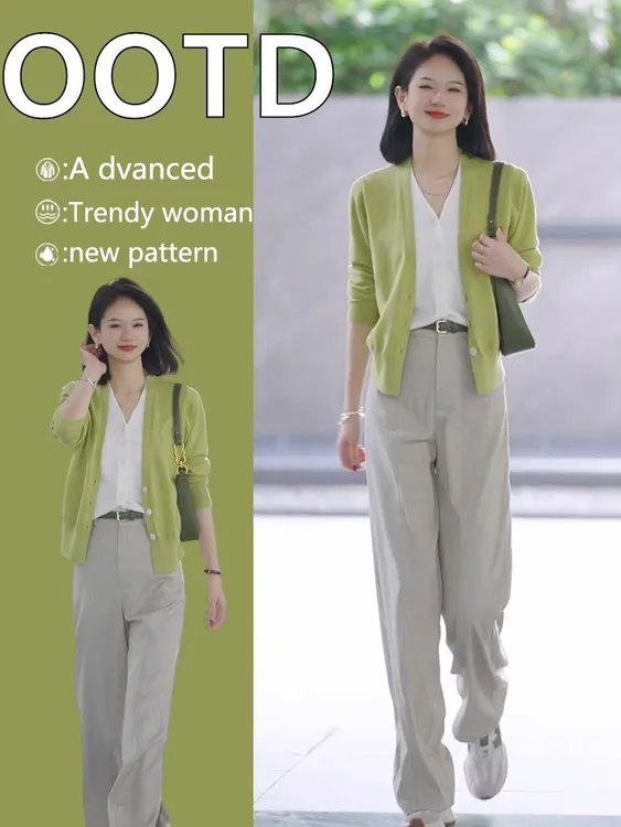 开春穿搭一整套2025超火漂亮绿色V领假两件针织衫上衣阔腿裤套装