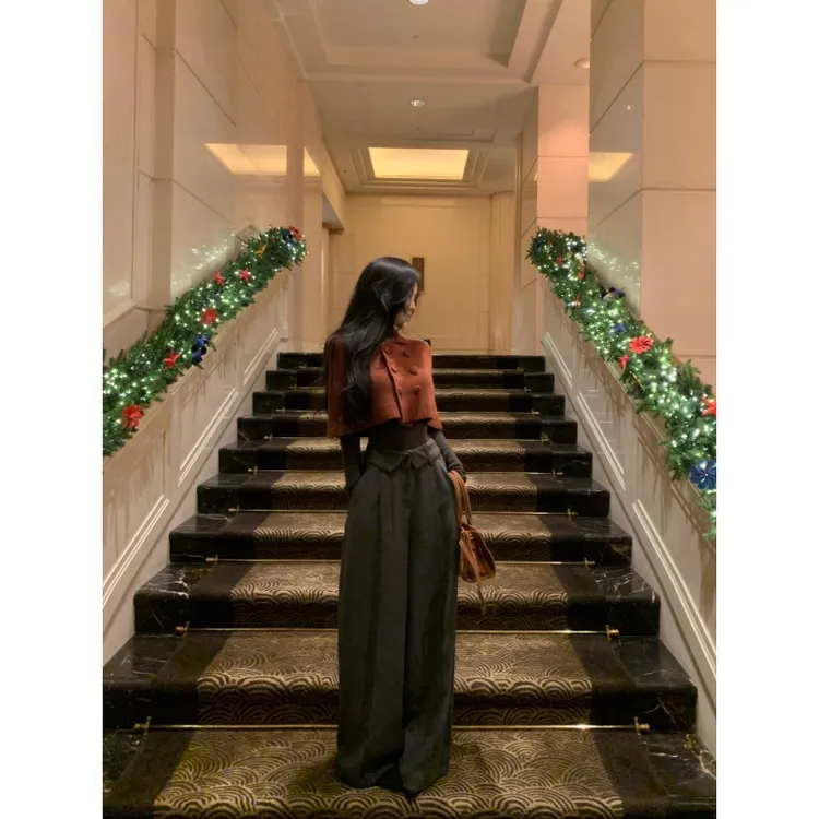 韩系双排扣复古气质针织斗蓬披肩上衣冬季时尚套装休闲百搭阔腿裤