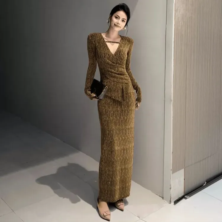 春秋新款气质高级V领包臀开叉长裙遮肉显瘦修身直筒裙连衣裙长袖