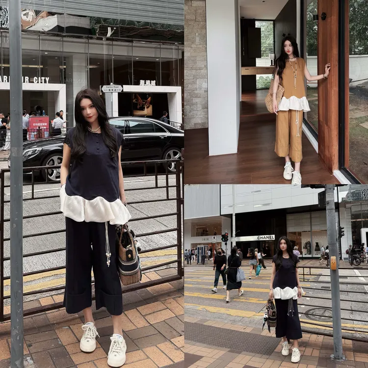 姗蔓深圳原版/829海棠醉日~设计感显瘦直筒阔腿八分裤亚麻两件套