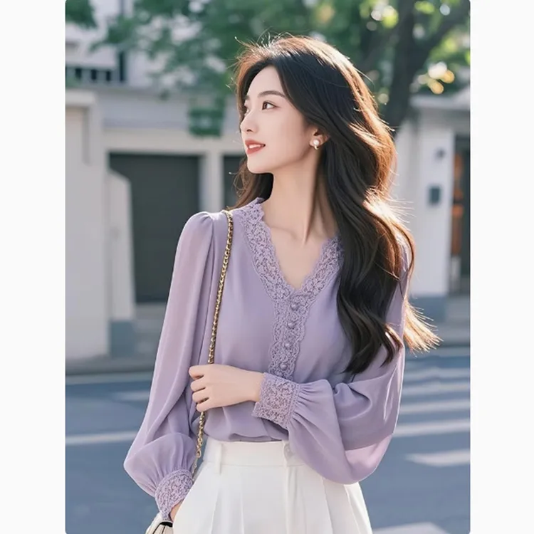 2025新款春季设计感高级衬衣风情万种法式紫色V领气质长袖衬衫女