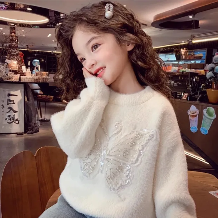 新款水貂绒公主风女童针织毛衣圆领不起球厚款冬季韩版