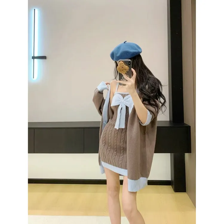 巨好看的早秋一整套小香风小个子减龄针织包臀裙两件套