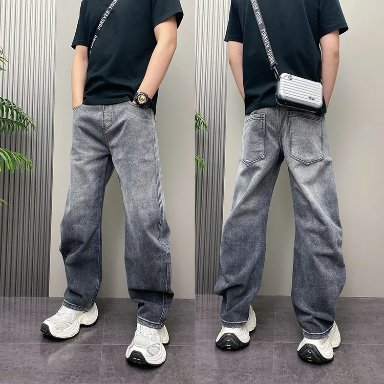 2025年秋季潮流韩版痞帅渐变青年男士休闲直筒阔腿美式牛仔裤子男