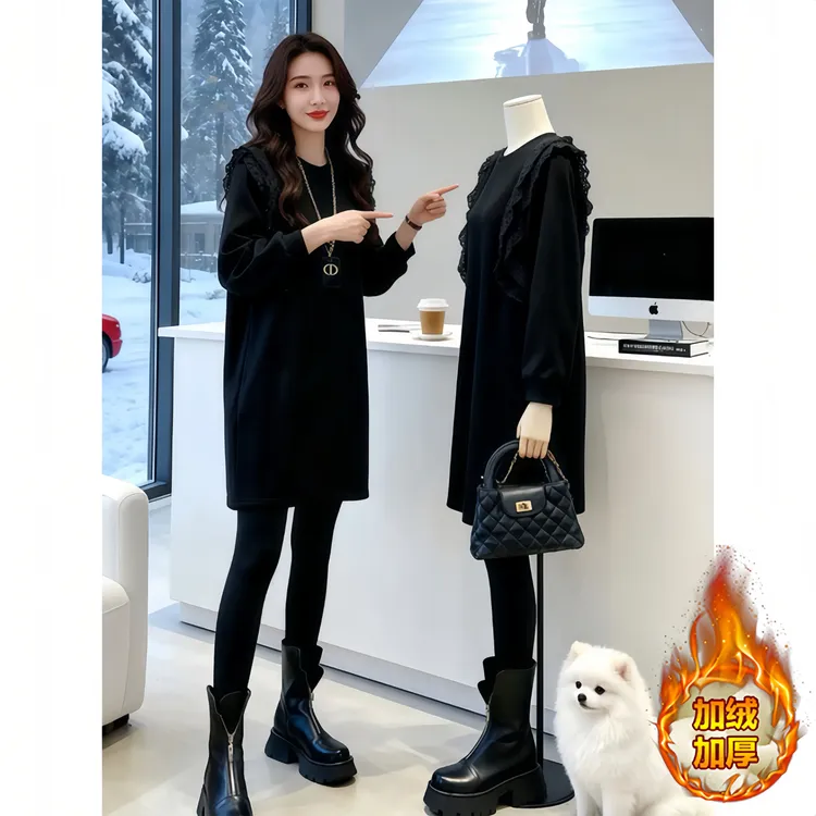 潮流中长款蕾丝拼接长袖卫衣女2025秋冬季新款加绒加厚打底衫上衣