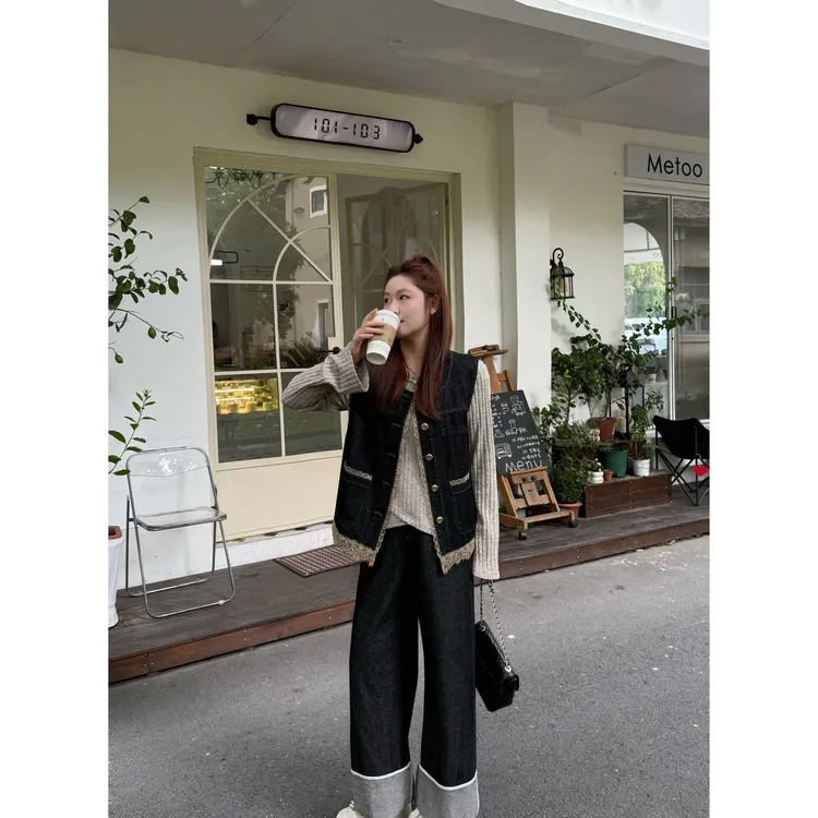 楠序【加州之旅】源子微胖女装 2025年秋牛仔马甲裤子套装女YZ37310