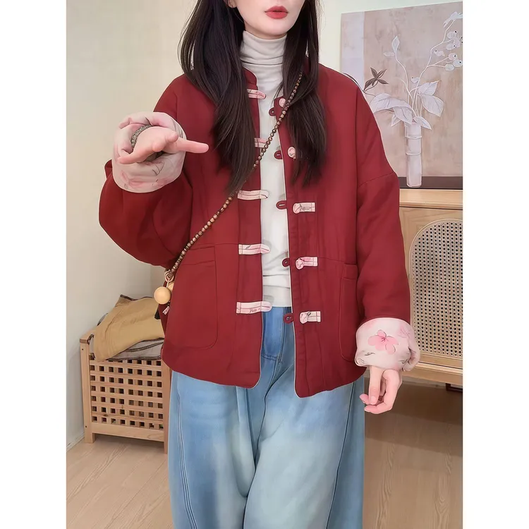 冬季新款双面穿印花棉服外套女装宽松加厚保暖盘扣新中式国风棉衣
