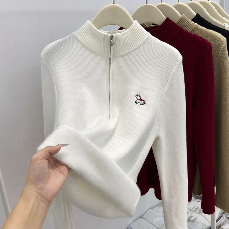 【一体绒】2025秋冬新款刺绣小马半拉链毛衣女内搭针织打底衫上衣