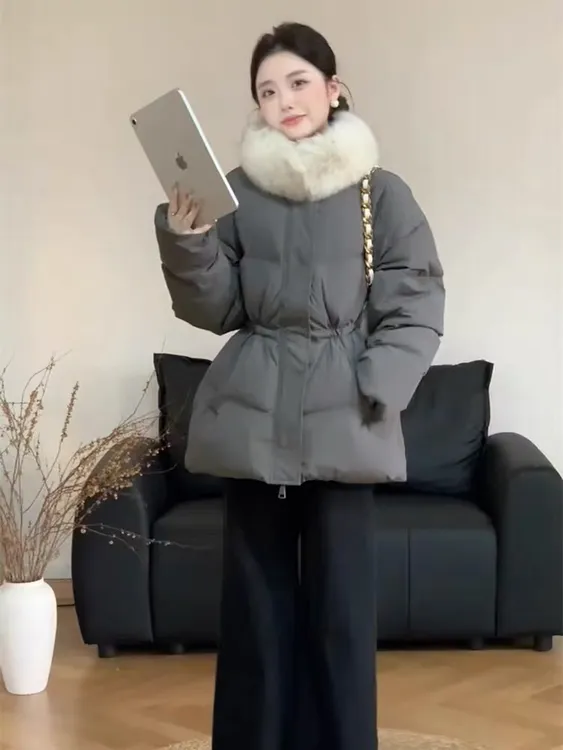 2025年秋冬季新款时尚百搭纯色收腰显瘦简约韩版慵懒风棉服外套女