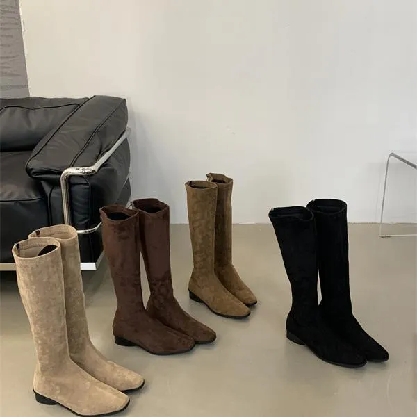 2024秋冬新款方头粗跟骑士靴小众显腿直欧美复古绒面英伦风马丁靴