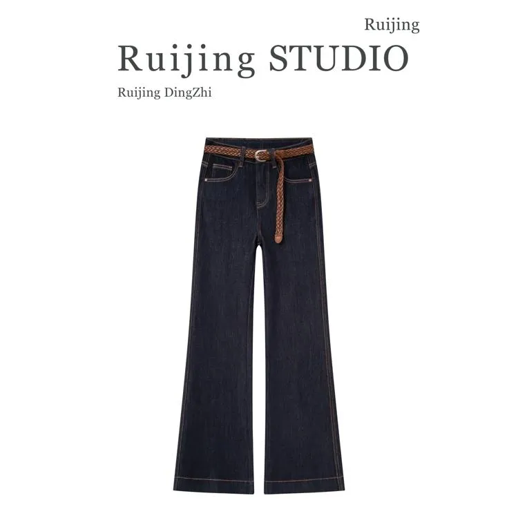 早秋新款丹宁色筒喇裤2025年新款高腰牛仔裤女百搭小个子喇叭裤子