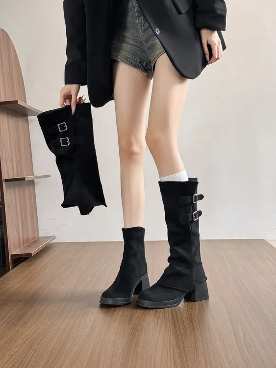 真皮美拉德骑士女2025新款可拆卸中筒厚底旅游两穿马丁靴女
