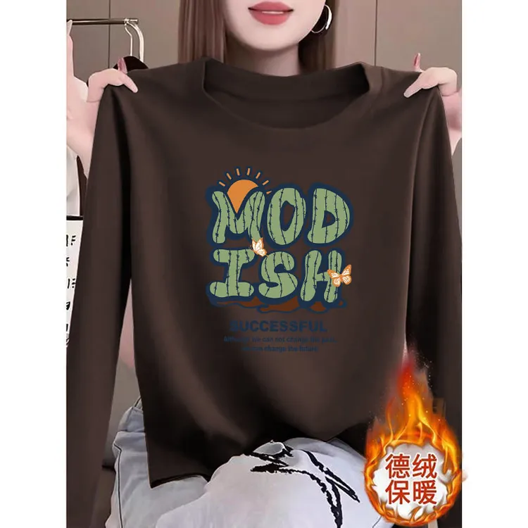 秋冬款字母印花长袖内搭圆领德绒T恤常规款套头打底衫保暖上衣ins