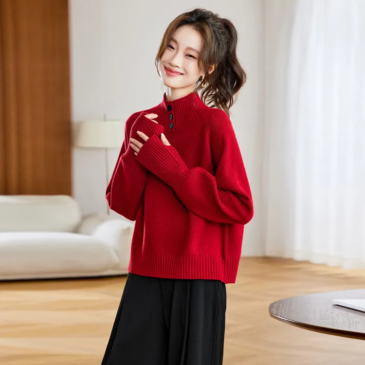 时尚品牌2026新年本命红慵懒风半高领针织衫保暖羊毛衫上衣