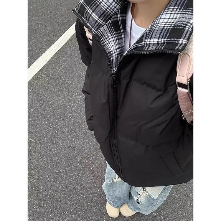 宽松休闲冬季棉服2025新款学生面包服加厚立领棉衣拼接格子棉袄男
