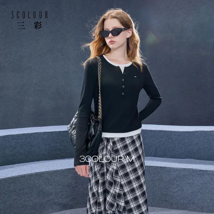 三彩2025秋季新款黑色假两件T恤撞色拼接长袖上衣修身气质休闲女M