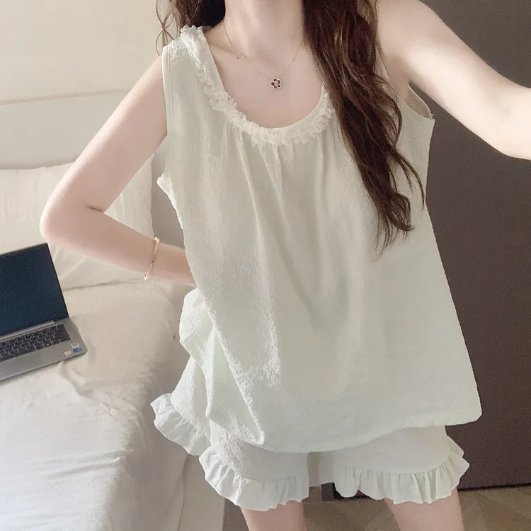 【带胸垫一体】纯色背心睡衣女款夏季无袖短裤休闲可外穿家居服套装