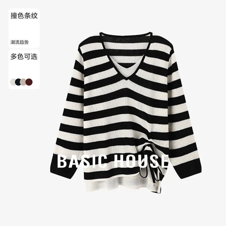 百家好秋季新款百搭老钱风女装休闲宽松通勤针织衫-B0624S5F602