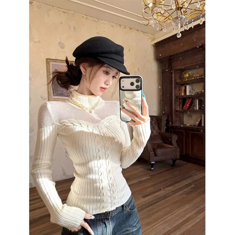 娇女反击设计感收腰显瘦镂空麻花套头毛衣女内搭打底针织衫23519#