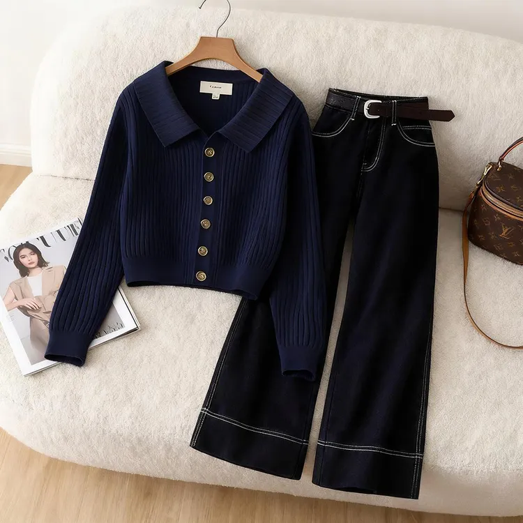 秋季2025爆款法式轻奢慵懒风针织开衫毛衣高腰宽松直筒裤两件套装