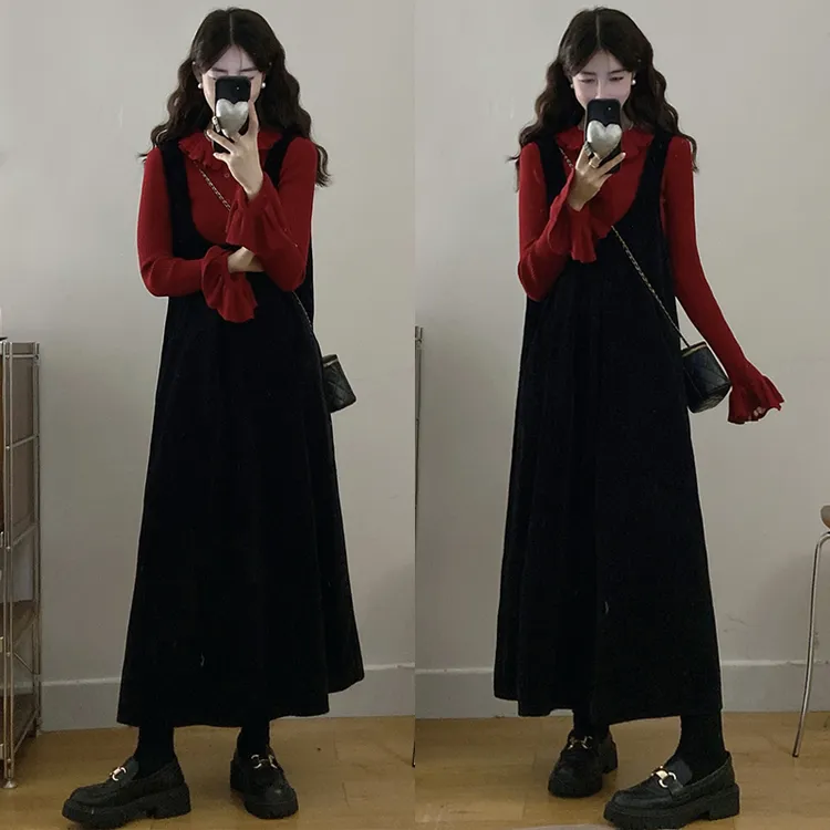 大码胖mm秋冬新款花边针织上衣+韩版百搭显瘦遮肚子连衣裙两件套