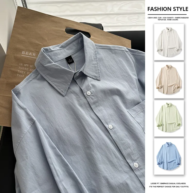 蓝色衬衫男款夏季薄款长袖纯棉衬衫男生穿搭高级感防晒衬衣外套潮