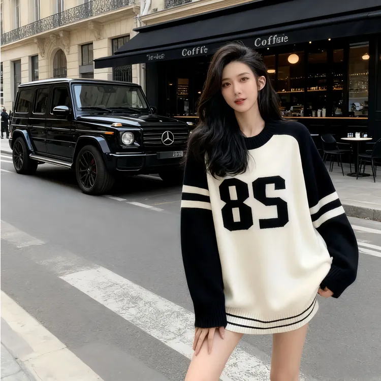 网红慵懒风条纹卫衣女春秋冬撞色圆领宽松时尚设计感百搭休闲上衣