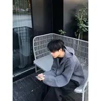 U80 复古灰拉链高领毛衣连帽开衫cleanfit慵懒风休闲欧美针织衫