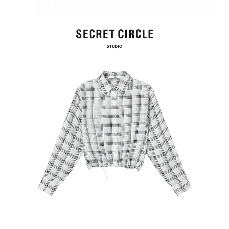 “轻奢私服”通勤风麻料休闲格纹衬衫下摆抽绳设计18882