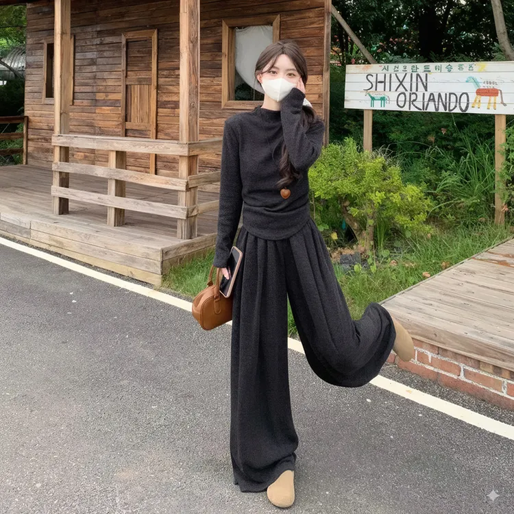 2025秋季新款高级感气质显瘦长袖打底衫高腰休闲阔腿裤套装两件套