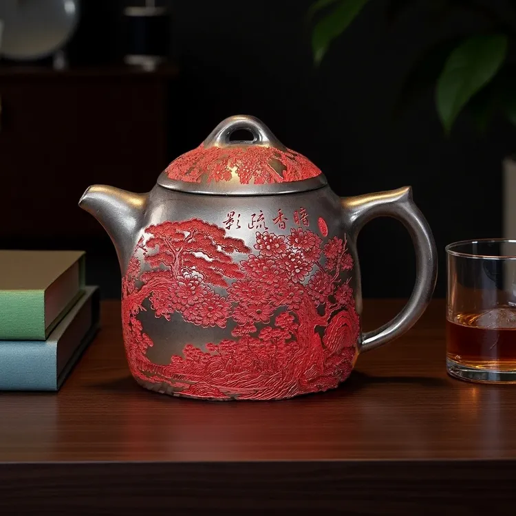 宜兴紫砂茶具原矿石黄泥料刻绘暗香疏影秦权紫砂壶