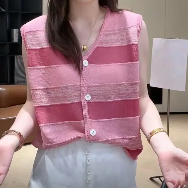 简约条纹单排扣无袖上衣2025夏季新款宽松休闲百搭气质通勤上衣