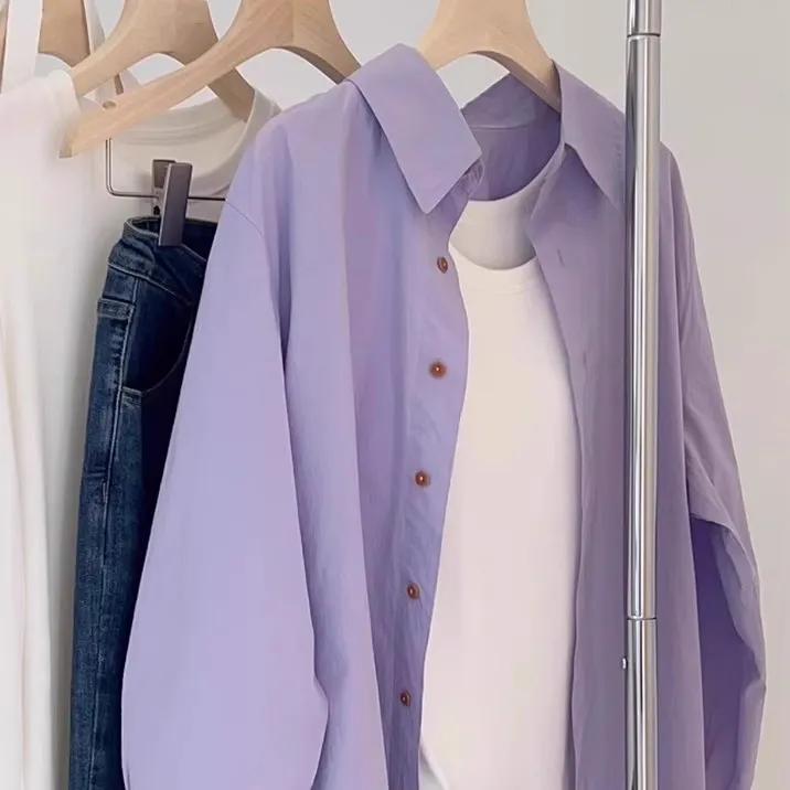 300斤大码气质紫长袖衬衫外套设计感简约polo领春秋薄款男女衬衣