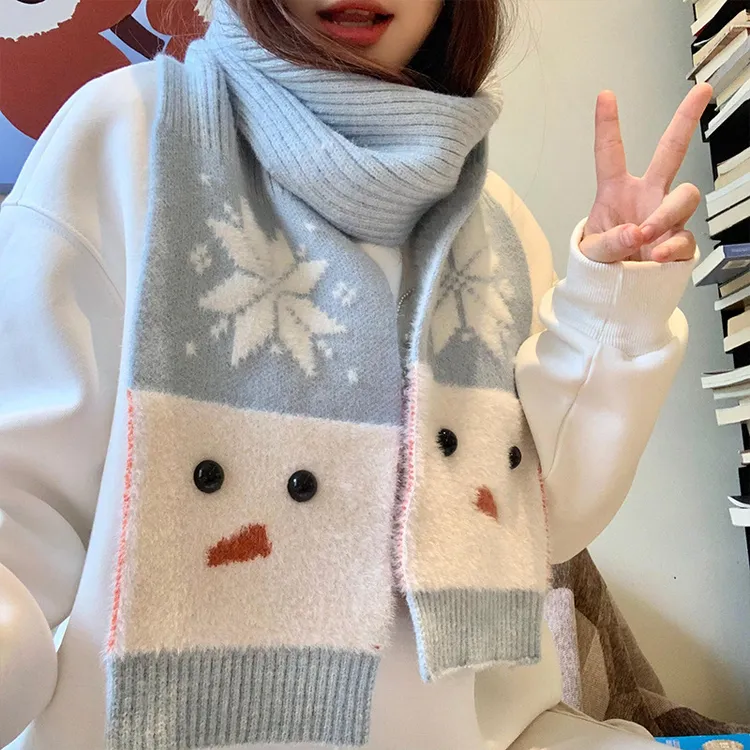 panruoyue可爱蓝色雪人针织围巾冬季韩系氛围感保暖百搭针织围脖