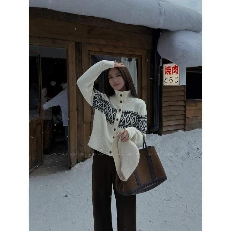 【秋枫香草】高品质复古几何菱格100%羊毛慵懒费尔岛开衫毛衣M6055