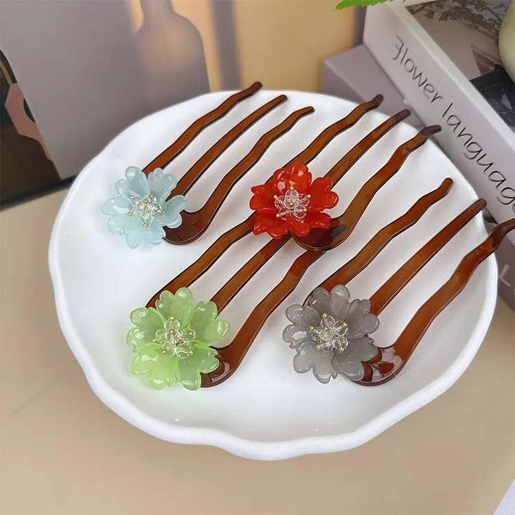 秋冬爆款花开新中式u型波浪三齿发钗盘发梳插梳发簪丸子头饰发饰